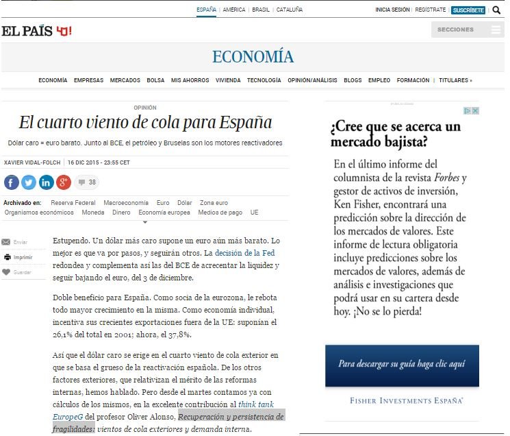 Los vientos de cola de la economía española identificados por EuropeG, en El País